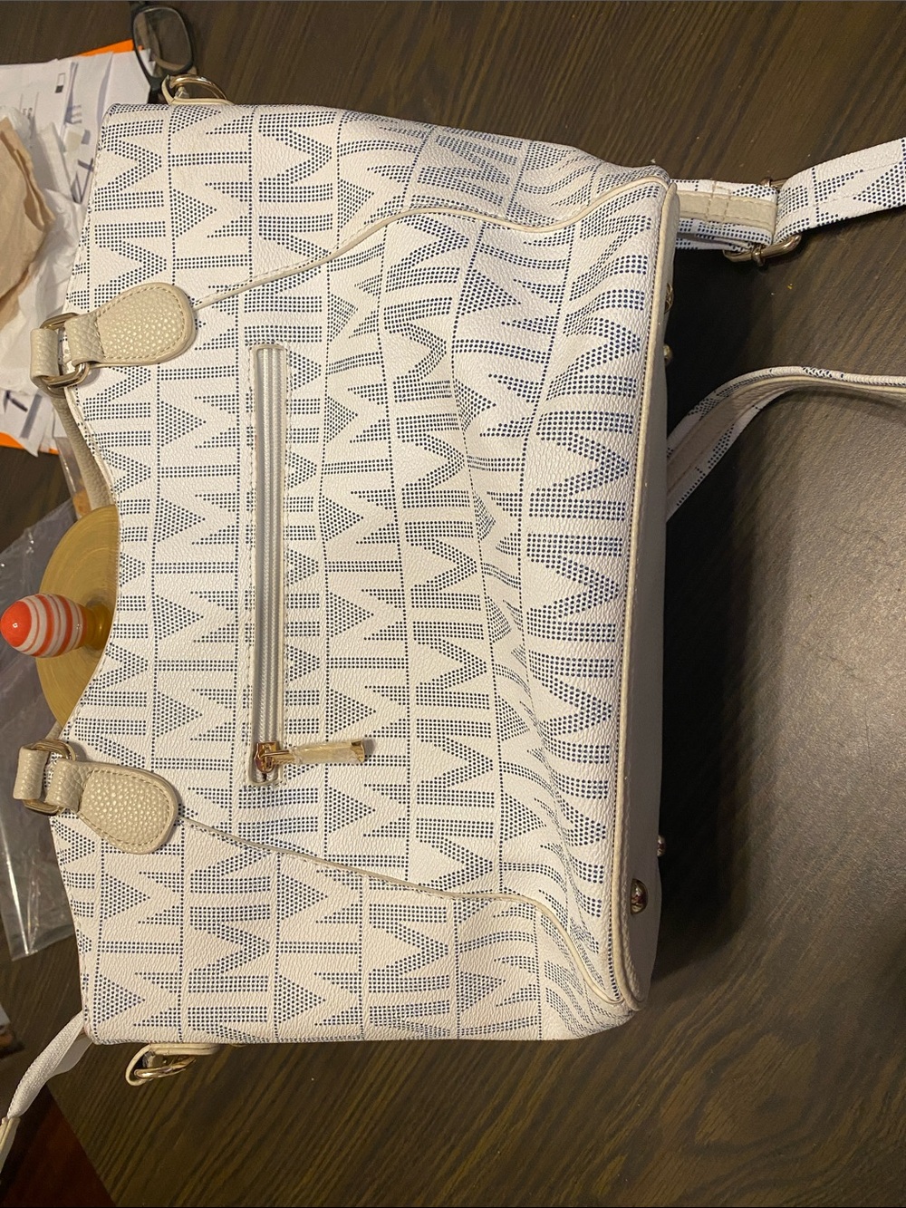 White Patterned Women's Satchel Bag with Gold Accents - Picture 6 of 10